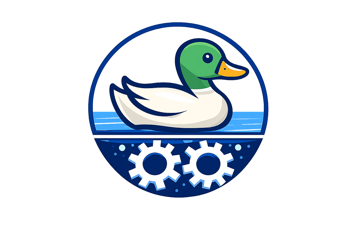 Mallard duck moving through interlocking gears, representing work held together across a system